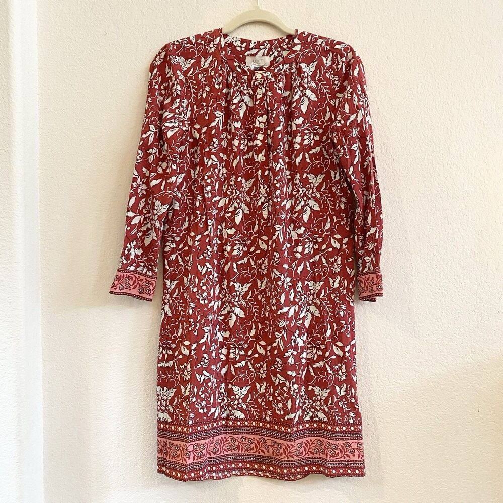 LOFT Ann Taylor Tunic Red White Dress Women's Size XS Floral Knee Length
